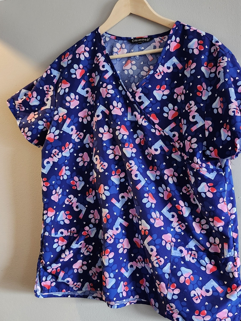 Cassandra O Navy 'Love' Paw Print Scrub Top